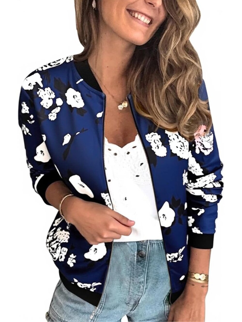 Women's Navy Blue Floral Zip Closure Long Sleeve Lining Quilted Bomber Jacket